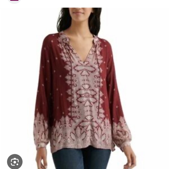 Lucky Brand Burgundy & White Peasant Top Split Neck Blouse L/S Lightweight  M - Picture 16 of 16